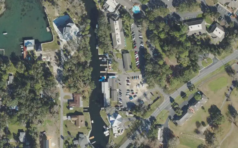 Aerial photo of the area around Adventure Center at the Plantation on Crystal River, Citrus County
