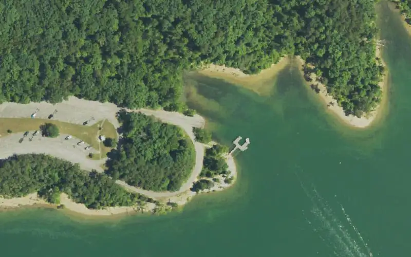 Aerial photo of the area around Alfrey Boat Ramp, Rowan County