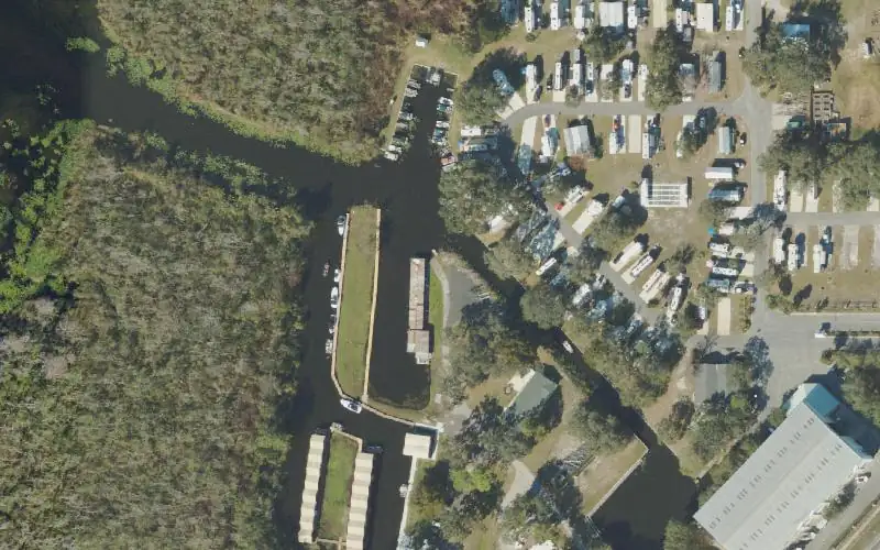 Aerial photo of the area around Banana Cove Marina and RV Park, Lake County