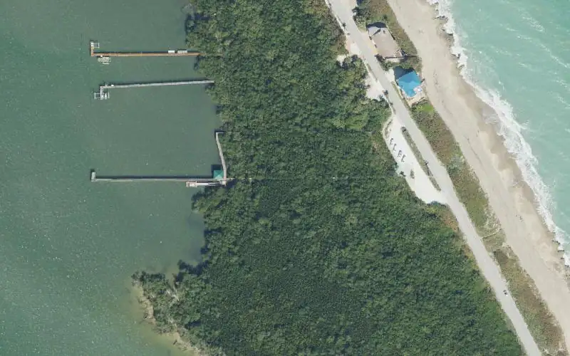 Aerial photo of the area around Clifton S. Perry Beach Kayak Dock, Martin County