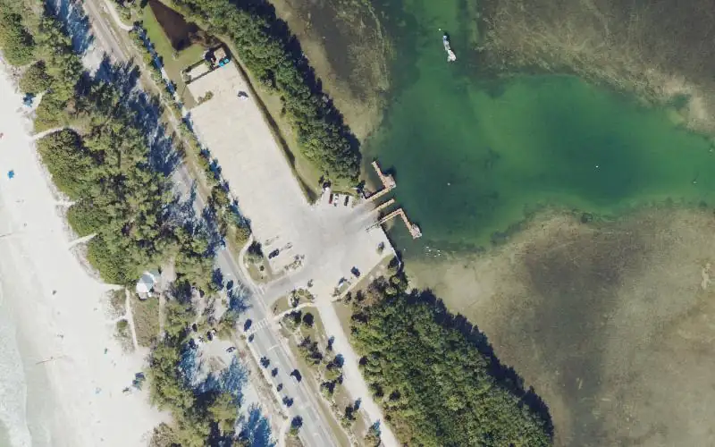Aerial photo of the area around Coquina Beach Boat Ramp North, Manatee County