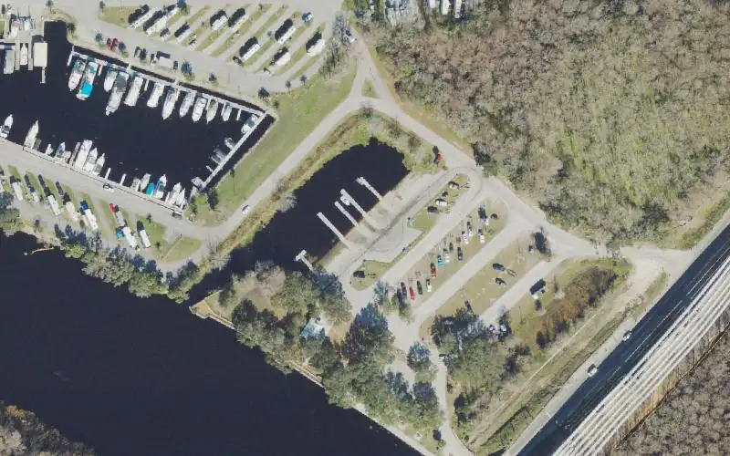 Aerial photo of the area around Ed Stone Park and Boat Ramp (aka. Crow's Bluff), Volusia County