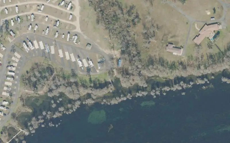 Aerial photo of the area around Florida Caverns RV Resort at Merritt's Mill Pond, Jackson County