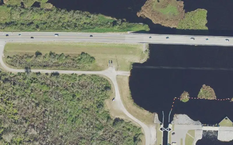 Aerial photo of the area around Kissimmee River Public Use Area S-65 North (aka. Highway 60 or KICCO), Polk County