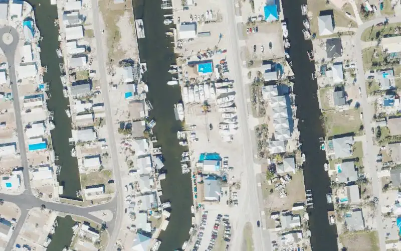 Aerial photo of the area around Monroe Canal Marina, Lee County