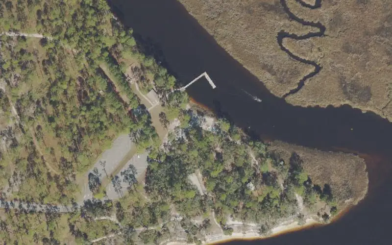 Aerial photo of the area around Ochlockonee River State Park - Day Use Area Paddle Craft Beach, Wakulla County