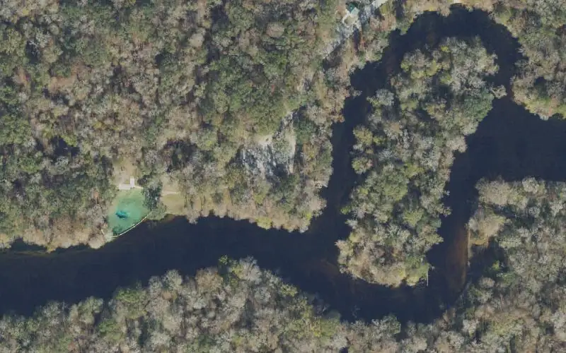 Aerial photo of the area around Rum Island Park, Columbia County