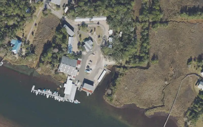Aerial photo of the area around Shell Island Fish Camp & Marina, Wakulla County