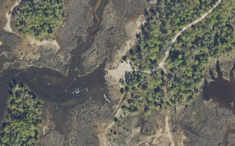 Aerial photo of the area around Sink Creek Primitive Boat Launch - Jena Wildlife Management Area (shallow tidal creek), Dixie County