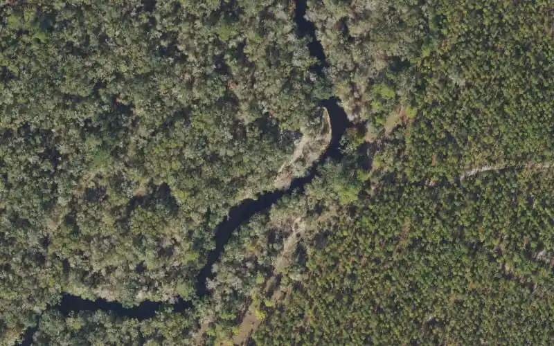 Aerial photo of the area around Steinhatchee Conservation Area River Mile 15.9 Canoe Access (downstream bridge ruins), Dixie County