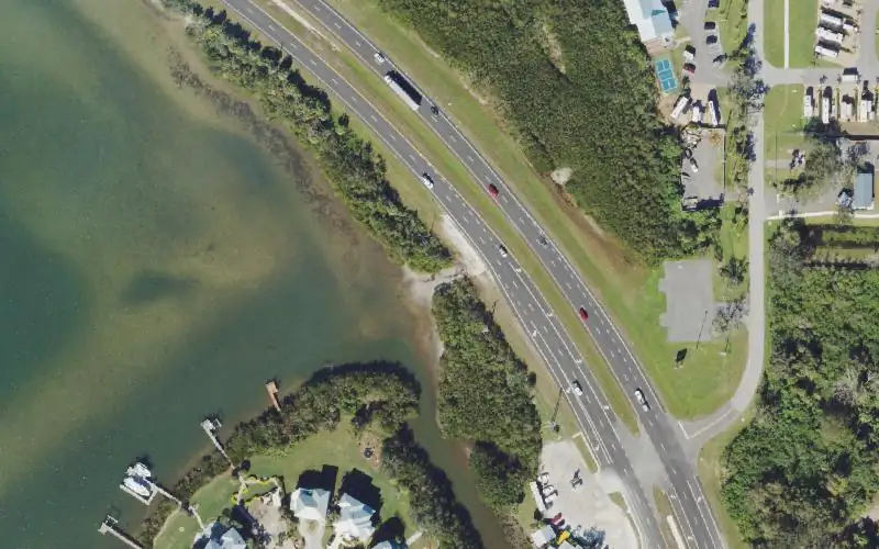 Aerial photo of the area around Terra Ceia Bay at Highway 19 - ""Crab Trap"" Paddlecraft Access, Manatee County